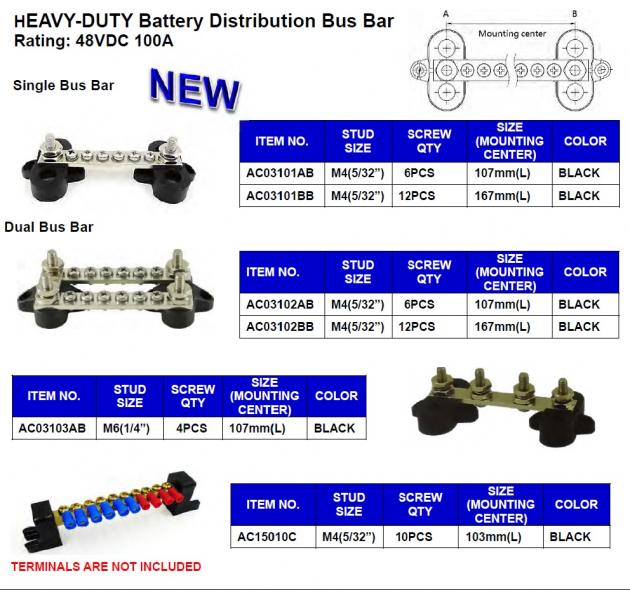 Heavy-Duty Battery Distribution Bus Bar Rating: 48VDC 100A 1